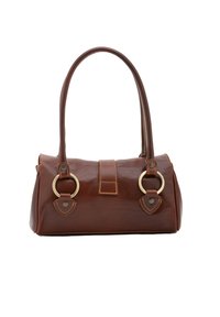 Borsa a tracolla in pelle marrone con texture liscia, forma arrotondata, due dettagli metallici circolari e cuciture in contrasto. Manici doppi integrati.