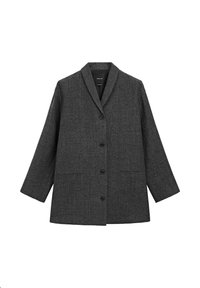 Blazer en laine gris foncé à manches longues, col à revers cranté, quatre boutons noirs sur le devant et deux poches fendues horizontales.