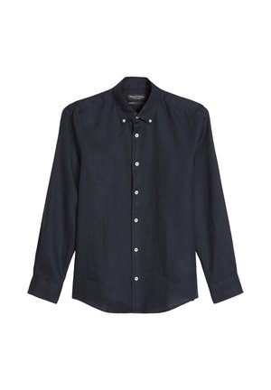 Marineblaues Langarmhemd mit durchgehender Knopfleiste, Button-Down-Kragen, weißen Knöpfen und lässiger Passform.