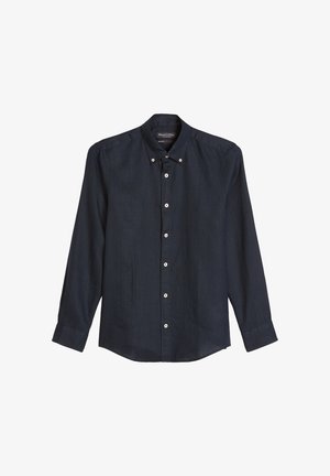 Marineblaues Langarmhemd mit durchgehender Knopfleiste, Button-Down-Kragen, weißen Knöpfen und lässiger Passform.