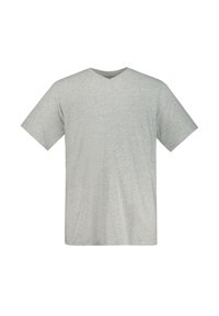 Camiseta de manga corta en gris claro con un diseño de cuello en V, hecha de una tela suave y texturizada. Estilo simple y sin adornos, sin patrones ni acentos.