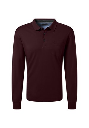 Langärmliges burgunderrotes Poloshirt mit geknöpftem Kragen und Brusttasche, präsentiert auf einem weißen Hintergrund.