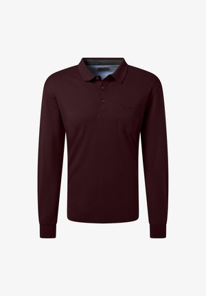 Bordeaux lange mouwen polo shirt met knoopkraag en borstzak, weergegeven op een witte achtergrond.