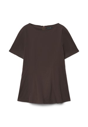 Dunkelbraune Kurzarmbluse mit rundem Ausschnitt, Reißverschluss auf der Rückseite und leicht ausgestelltem Saum, flach auf weißem Hintergrund ausgelegt.