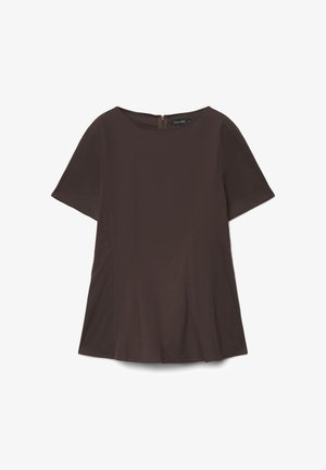 Blusa marrone scuro a maniche corte con scollo rotondo, chiusura con cerniera posteriore e orlo leggermente svasato, distesa su uno sfondo bianco.
