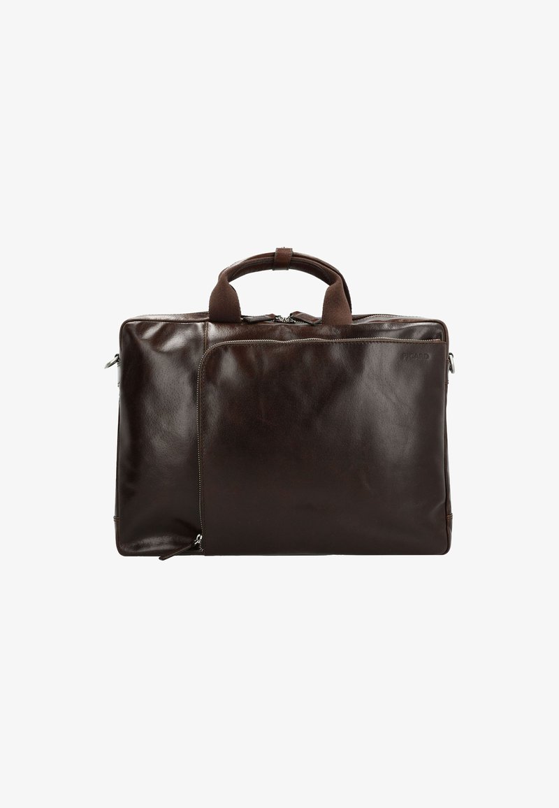 Dark brown leather briefcase with two handles, front zippered pocket, and silver zipper closures against a white background.