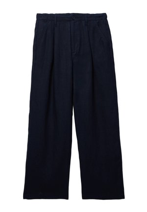Pantalon ample bleu marine foncé avec bouton à l'avant, fermeture éclair, poches latérales et jambes larges et droites.