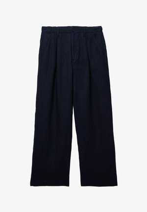 Pantalon ample bleu marine foncé avec bouton à l'avant, fermeture éclair, poches latérales et jambes larges et droites.