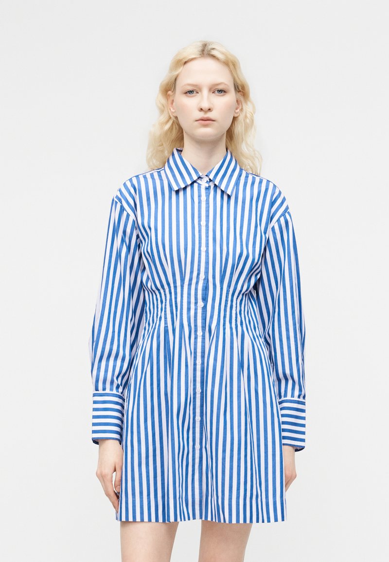 Γυναίκα με ξανθά μαλλιά που φοράει φόρεμα με μακριά μανίκια και γιακά, με κάθετες μπλε και λευκές ρίγες, στέκεται μπροστά σε απλό φόντο.