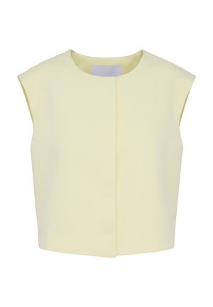 Μπεζ αμάνικο κοντό γιλέκο με στρογγυλή λαιμόκοψη και κρυφό μπροστινό κούμπωμα, παρουσιάζεται πάνω σε λευκό φόντο.