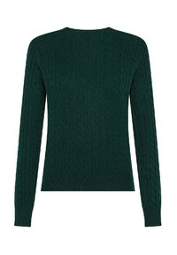 Maglione a maniche lunghe in maglia cable verde scuro con scollo rotondo, mostrato da dietro su uno sfondo bianco.