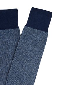 Scaldamuscoli in maglia di diverse sfumature di blu, con un polsino a coste blu scuro e una trama texturizzata, progettati per calore e comfort.