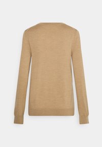 Beige Strickpullover mit langen Ärmeln, Rundhalsausschnitt und gerippten Bündchen und Saum, von hinten vor einem weißen Hintergrund präsentiert.