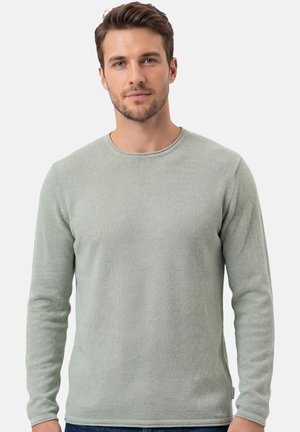 Mann mit kurzen braunen Haaren, der einen hellgrünen, gestrickten Langarmpullover trägt und vor einem schlichten weißen Hintergrund steht.