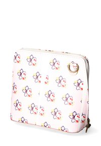 Portafoglio sintetico bianco con motivo floreale caratterizzato da accenti rossi e gialli. Chiusura con zip e dettagli in hardware dorato. Forma rettangolare.