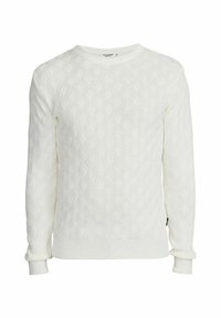 Biały, dziergany sweter z teksturowanym wzorem warkoczowym, okrągłym dekoltem oraz długimi rękawami wykończonymi ściągaczami na mankietach i dole.