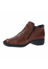 Botte en cuir marron à cheville avec un talon bas, fermeture éclair sur le côté, surface texturée, coutures contrastées et bout arrondi.