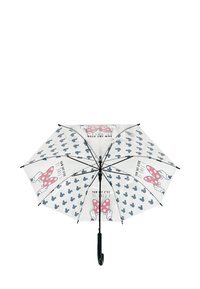 Weißer Regenschirm mit pinken, gepunkteten Schleifen-Design, schwarzem Griff und grauen Silhouetten von Mickey Mouse auf den Dachpaneelen.