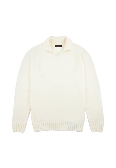 Cremfarbener Pullover mit Kragen, gerippten Bündchen und Saum sowie einer weichen Textur. Verfügt über Raglanärmel für eine entspannte Passform.