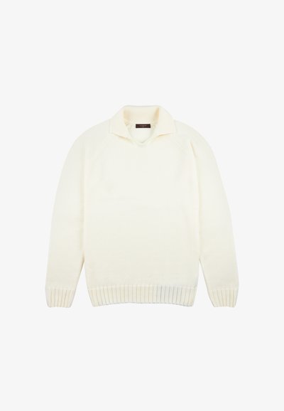 Cremfarbener Pullover mit Kragen, gerippten Bündchen und Saum sowie einer weichen Textur. Verfügt über Raglanärmel für eine entspannte Passform.