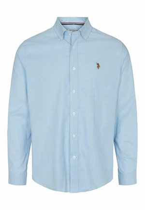 Camicia azzurra a maniche lunghe in cotone, con colletto classico, logo ricamato e chiusure con bottoni bianchi.