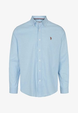 Lichtblauw overhemd met lange mouwen van katoen, met een klassieke kraag, geborduurd logo en witte knoopsluitingen.