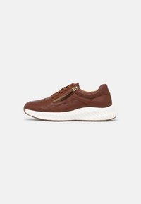 Brown leather sneaker with a zip accent and round toe, featuring a textured white sole and contrasting brown laces.