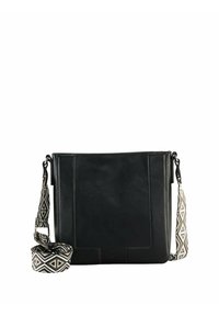 Borsa nera in pelle con superficie strutturata, dotata di una tracolla con motivo geometrico e una forma rettangolare elegante.