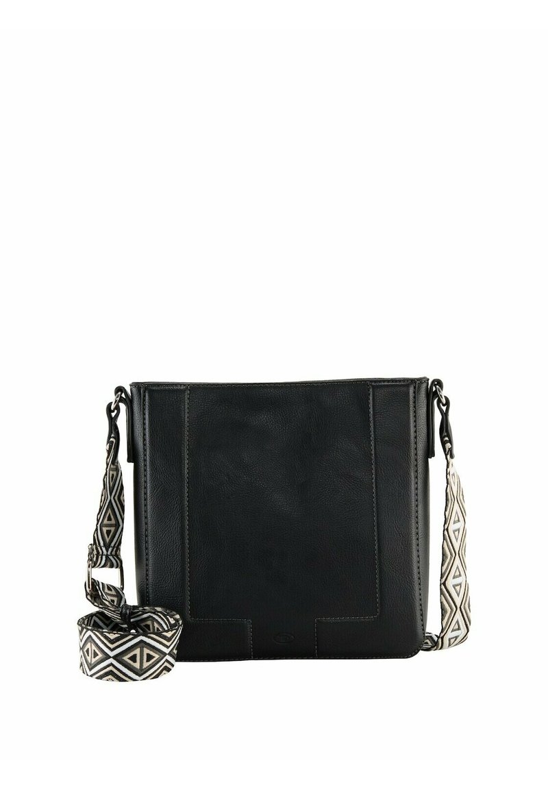 Borsa nera in pelle con superficie strutturata, dotata di una tracolla con motivo geometrico e una forma rettangolare elegante.