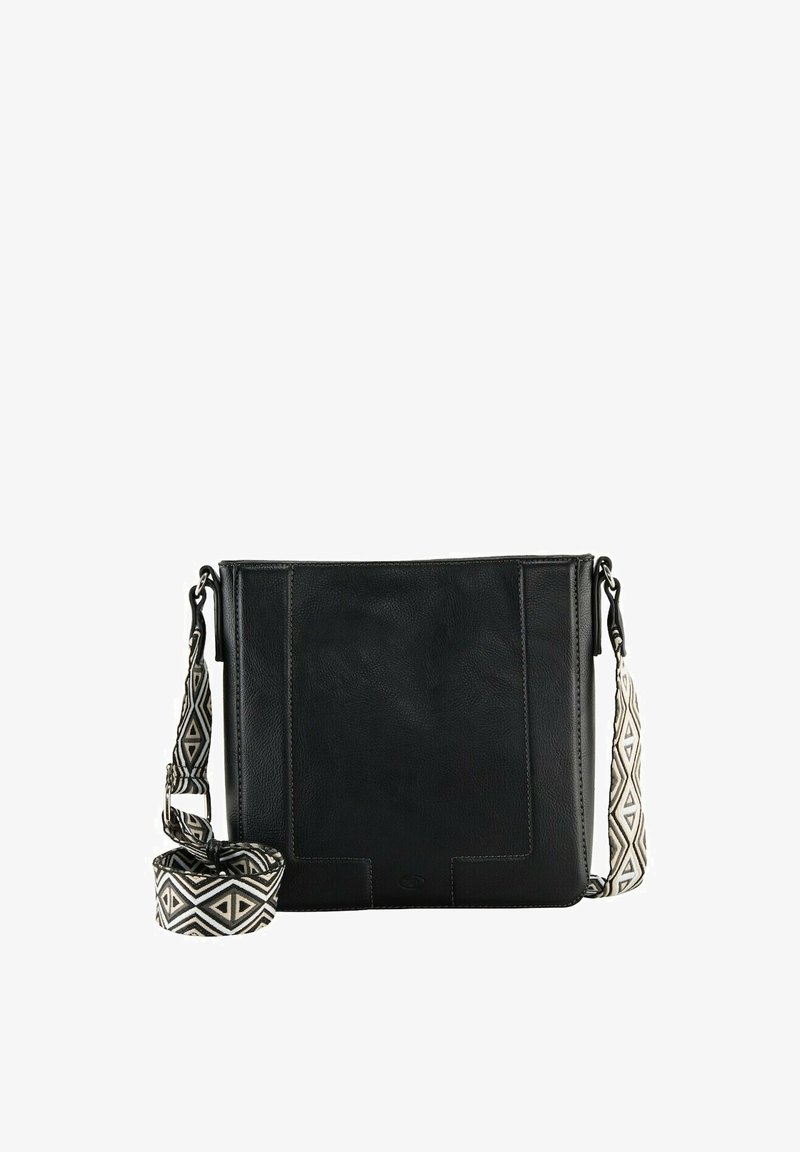 Borsa nera in pelle con superficie strutturata, dotata di una tracolla con motivo geometrico e una forma rettangolare elegante.