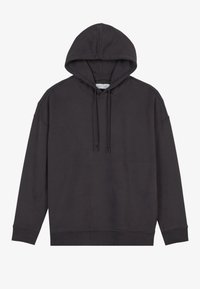 Ciemnoszara bluza z kapturem wykonana z miękkiej mieszanki bawełny, wyposażona w kieszeń kangurkę, regulowany kaptur z sznurkiem oraz ściągacze na rękawach i dole bluzy.