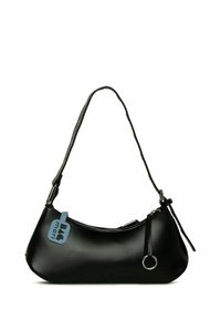 Borsa a tracolla sintetica nera con design curvo, chiusura a zip, tracolla staccabile e accent hardware circolare. Etichetta attaccata con il nome del marchio.