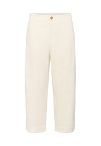 Witte, cropped broek gemaakt van textuur katoen. Kenmerken zijn een voorste knoopsluiting, twee zijzakken en een relaxed fit met gestikte details.