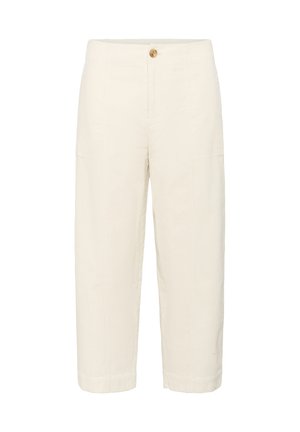 White, cropped pants made of textured cotton. Features a front button closure, two side pockets, and a relaxed fit with stitched details.