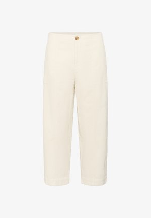 Bijele, skraćene hlače od teksturiranog pamuka. Imaju prednje dugme, dva bočna džepa i opuštenu kroj sa šavnim detaljima.