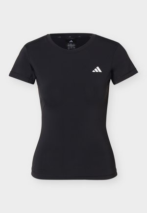 Juoda aptempianti sportinė trumpomis rankovėmis marškinėliai su apvalia iškirpte ir mažu baltu Adidas logotipu viršutiniame kairiajame krūtinės kampe.