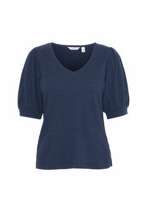 Temno modra bluza z napihi na rokavih in V-izrezom. Narejena iz teksturirane tkanine, z kratkimi rokavi in sproščenim krojem. Preprost dizajn brez vzorcev.