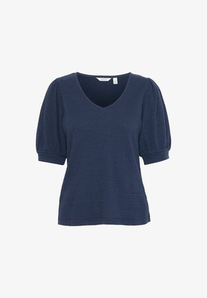 Temno modra bluza z napihi na rokavih in V-izrezom. Narejena iz teksturirane tkanine, z kratkimi rokavi in sproščenim krojem. Preprost dizajn brez vzorcev.
