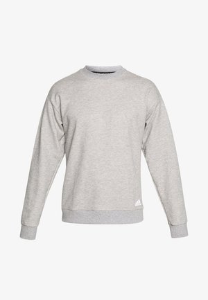 Hellgraues Adidas Sweatshirt mit Rundhalsausschnitt, langen Ärmeln, gerippten Bündchen und Saum sowie kleinem weißem Adidas-Logo nahe dem unteren Rand.