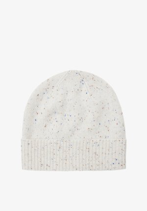 Bonnet tricoté en beige clair avec des éclats multicolores. Présente un poignet côtelé et une texture lisse. Design à couronne ronde.