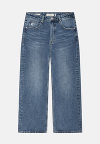 Blaue Jeans mit weitem Bein, Vordertaschen, Knopfverschluss und ausgebleichten Details an Oberschenkeln und Knien.