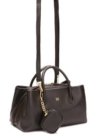 Tumma ruskea nahkainen käsilaukku, jolla on jämäkkä muoto, kaksinkertaiset kahvat ja säädettävä olkahihna. Varustettu kultaisilla yksityiskohdilla ja irrotettavalla sivupussilla.