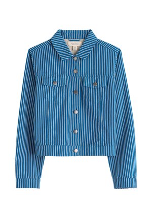 Blue striped cropped jacket with two front pockets, silver buttons, and a pointed collar. Made of fabric with a smooth texture.