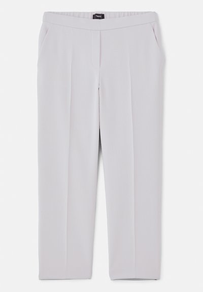 Pantaloni grigi chiari realizzati in tessuto liscio, con una vita, tasche laterali e un design a gamba dritta con pieghe sottili.
