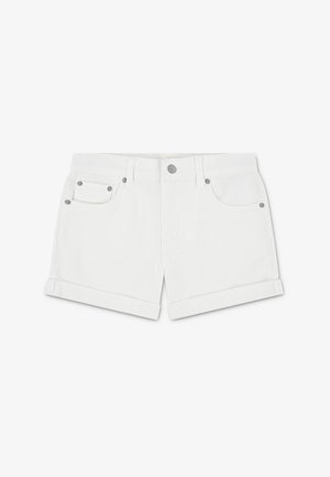 Baltos džinsinės šortai su suveržta apačia, turinčiais penkias kišenes ir sidabrines detalės. Lygus audinys su klasikiniu stiliumi.