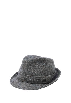 Gray herringbone patterned fedora hat with a folded band around the base and a small logo on the band.