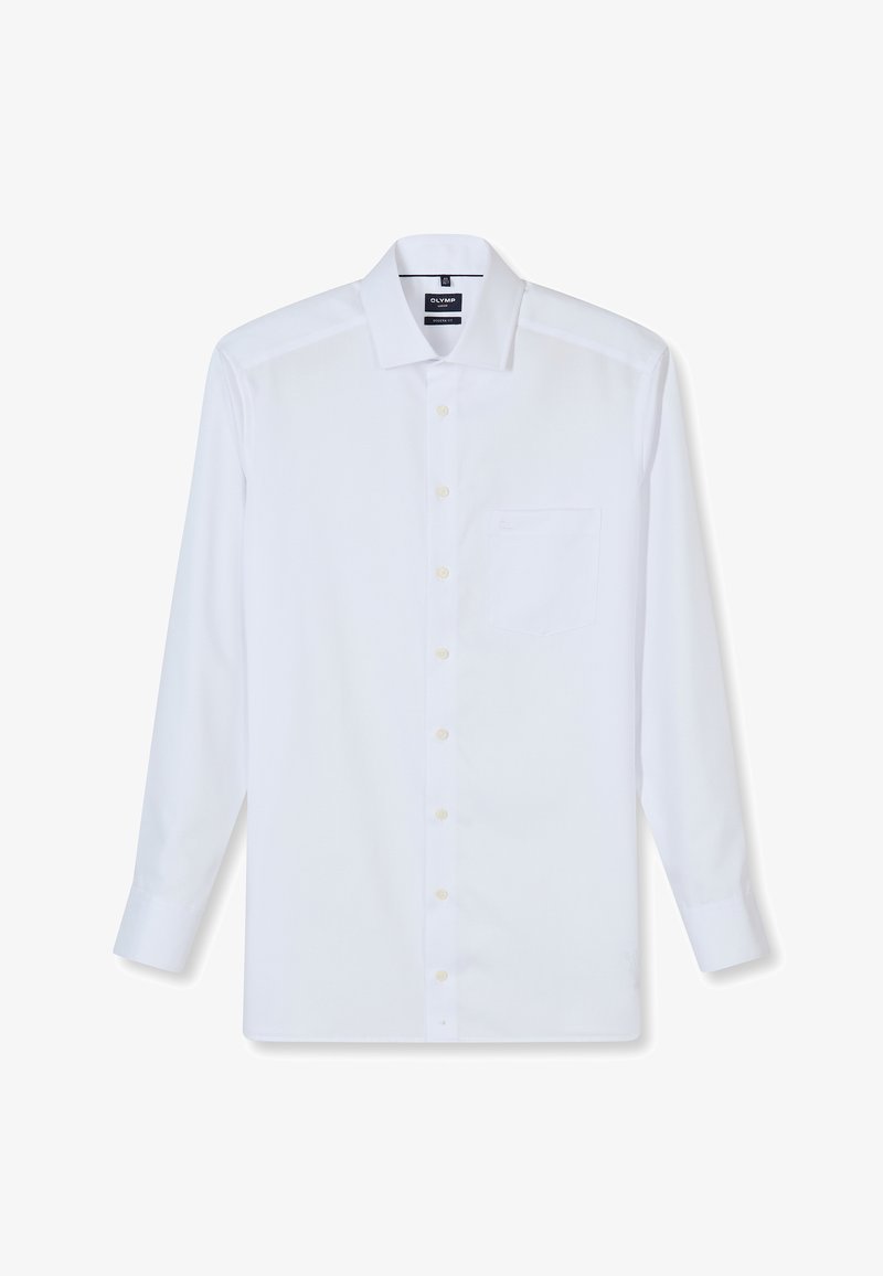 White long-sleeve men's dress shirt with buttons, a front chest pocket, and a classic collar, displayed flat on a white background.