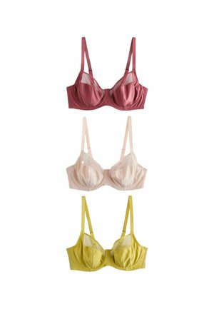 Trois soutiens-gorge à armatures en couleurs unies, disposés verticalement : rose foncé, rose pâle et jaune moutarde, tous avec bretelles réglables.
