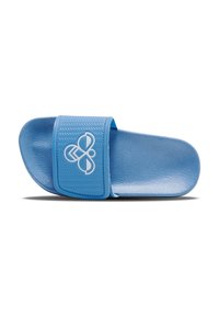 Blue slide sandal made of textured plastic. Features a wide strap with a raised diamond pattern and a white logo design on the front.