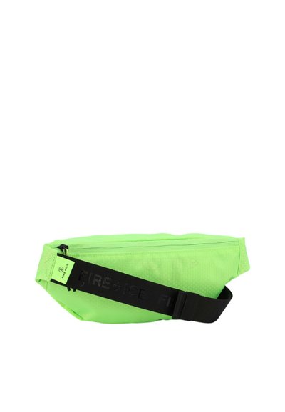 Marsupio fanny pack verde neon realizzato in materiale testurizzato, dotato di una cintura regolabile nera con marchio in rilievo e chiusura a zip.